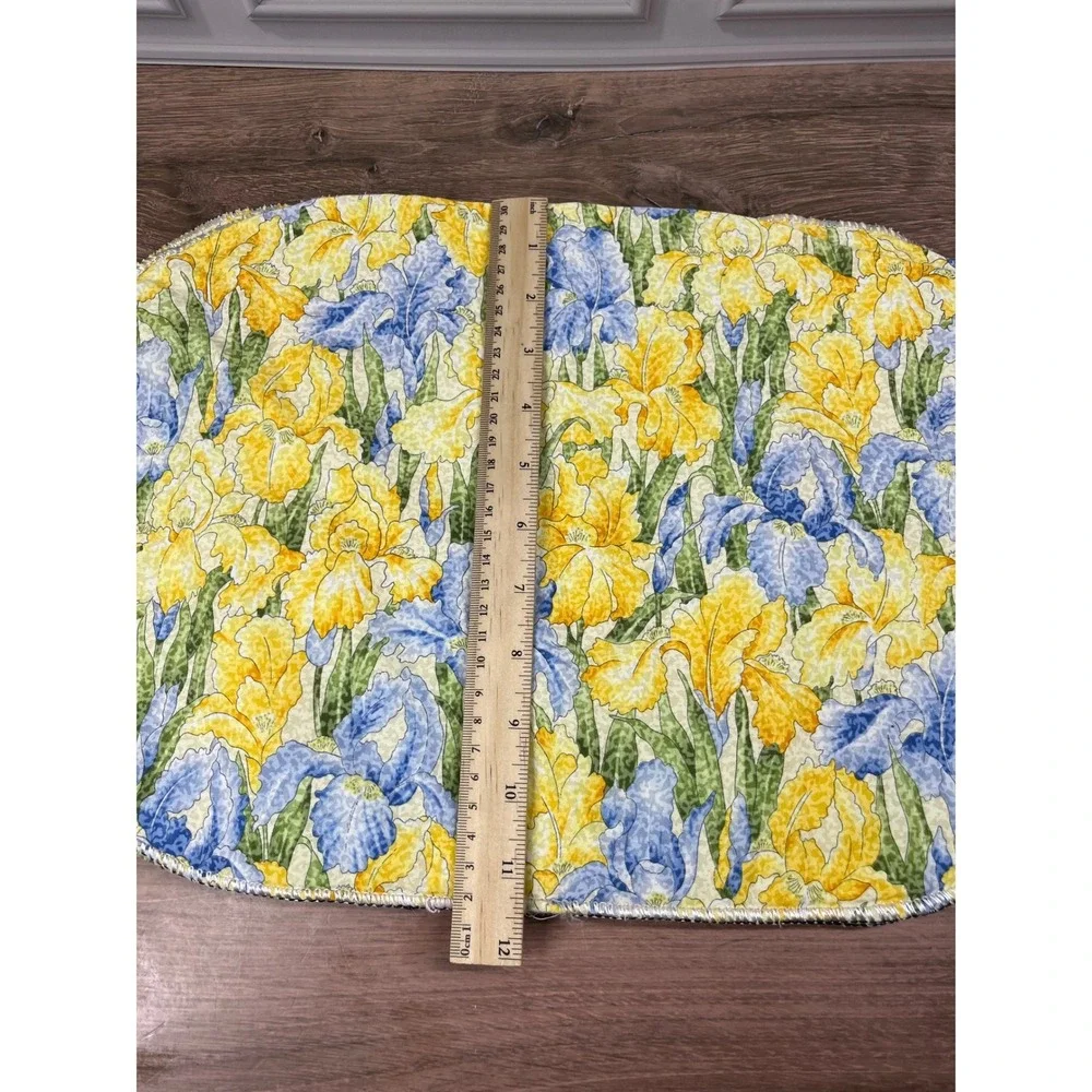 Handmade Placemats Yellow Blue Reversible Floral Iris Oval Quilted Set of 2